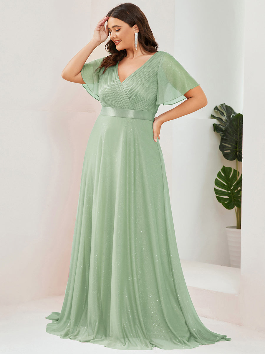 Sparkling Short Sleeve V-Neck Ribbon Waist A-Line Evening Dress #color_Mint Green