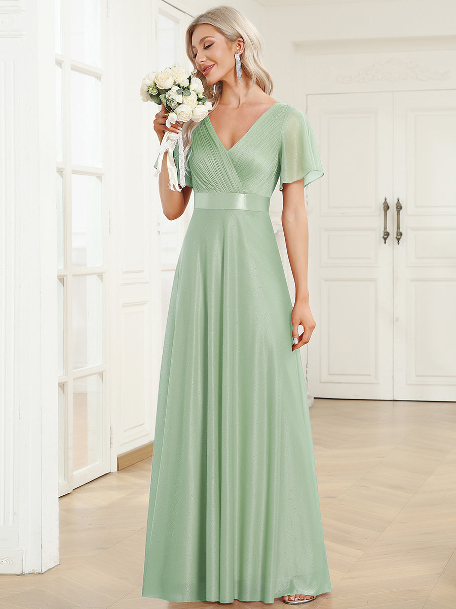 Sparkling Short Sleeve V-Neck Ribbon Waist A-Line Evening Dress #color_Mint Green