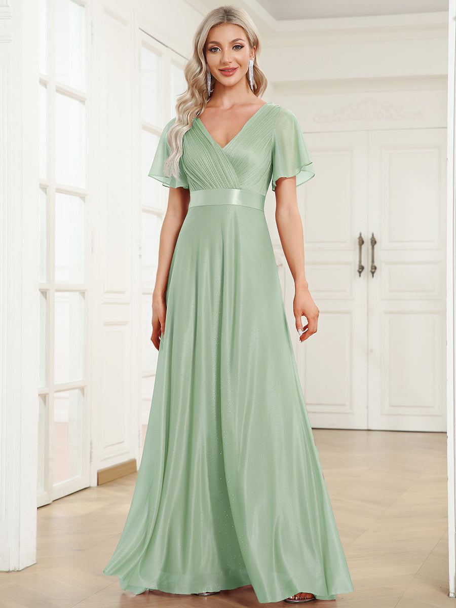 Sparkling Short Sleeve V-Neck Ribbon Waist A-Line Evening Dress #color_Mint Green