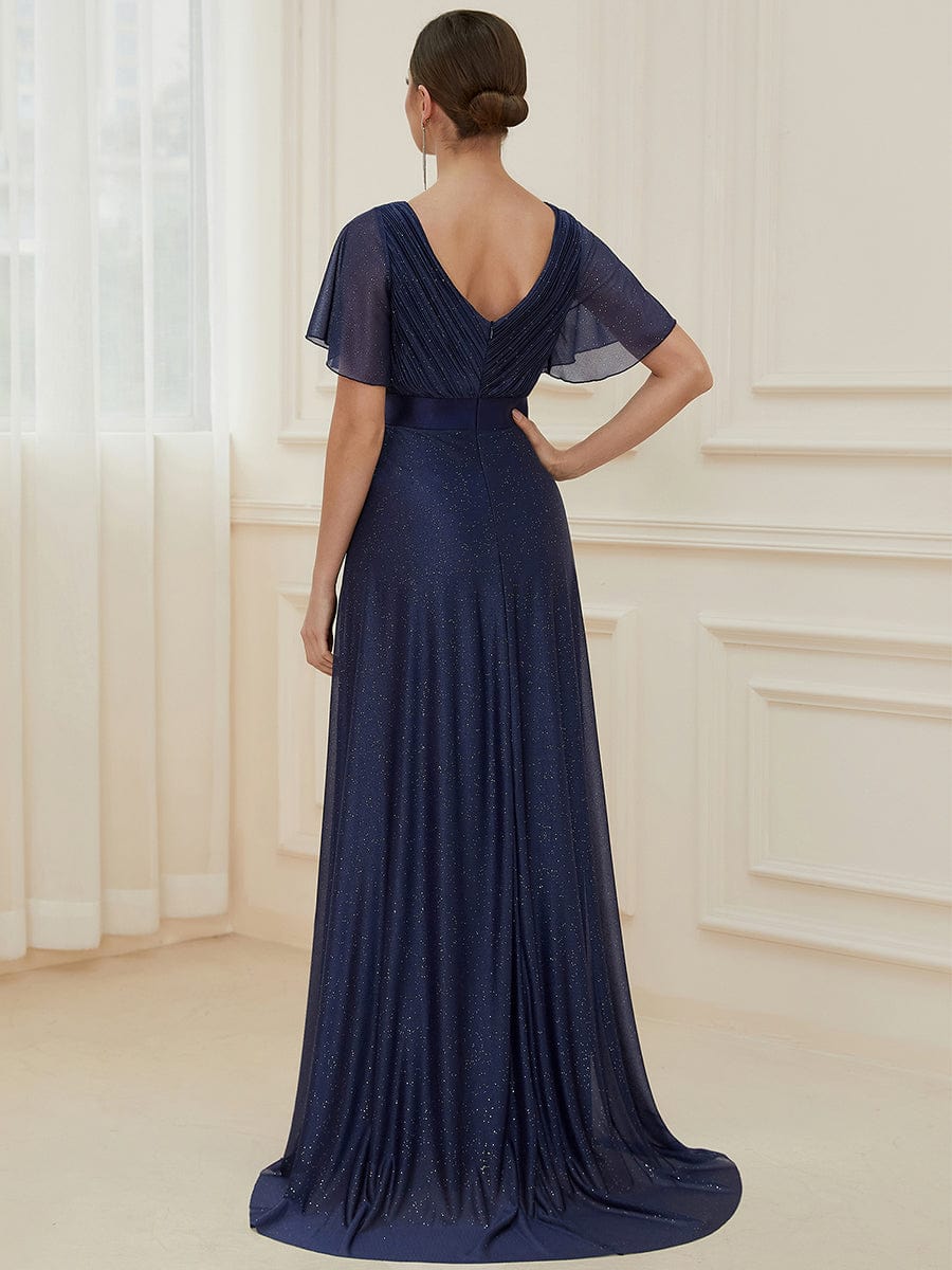 Sparkling Short Sleeve V-Neck Ribbon Waist A-Line Evening Dress #color_Navy Blue