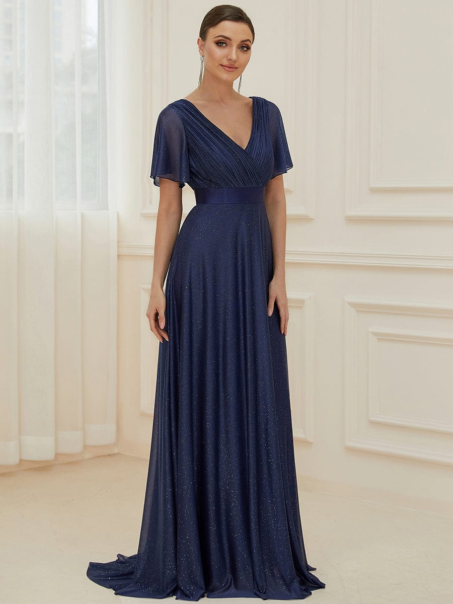 Sparkling Short Sleeve V-Neck Ribbon Waist A-Line Evening Dress #color_Navy Blue