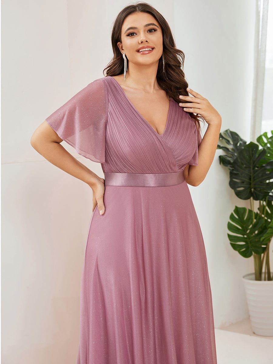 Sparkling Short Sleeve V-Neck Ribbon Waist A-Line Evening Dress #color_Purple Orchid