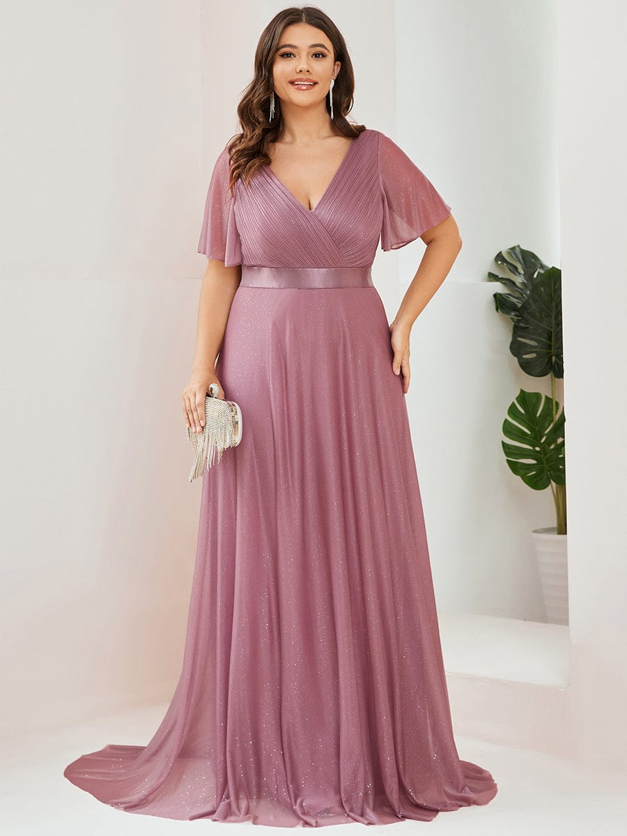 Sparkling Short Sleeve V-Neck Ribbon Waist A-Line Evening Dress #color_Purple Orchid