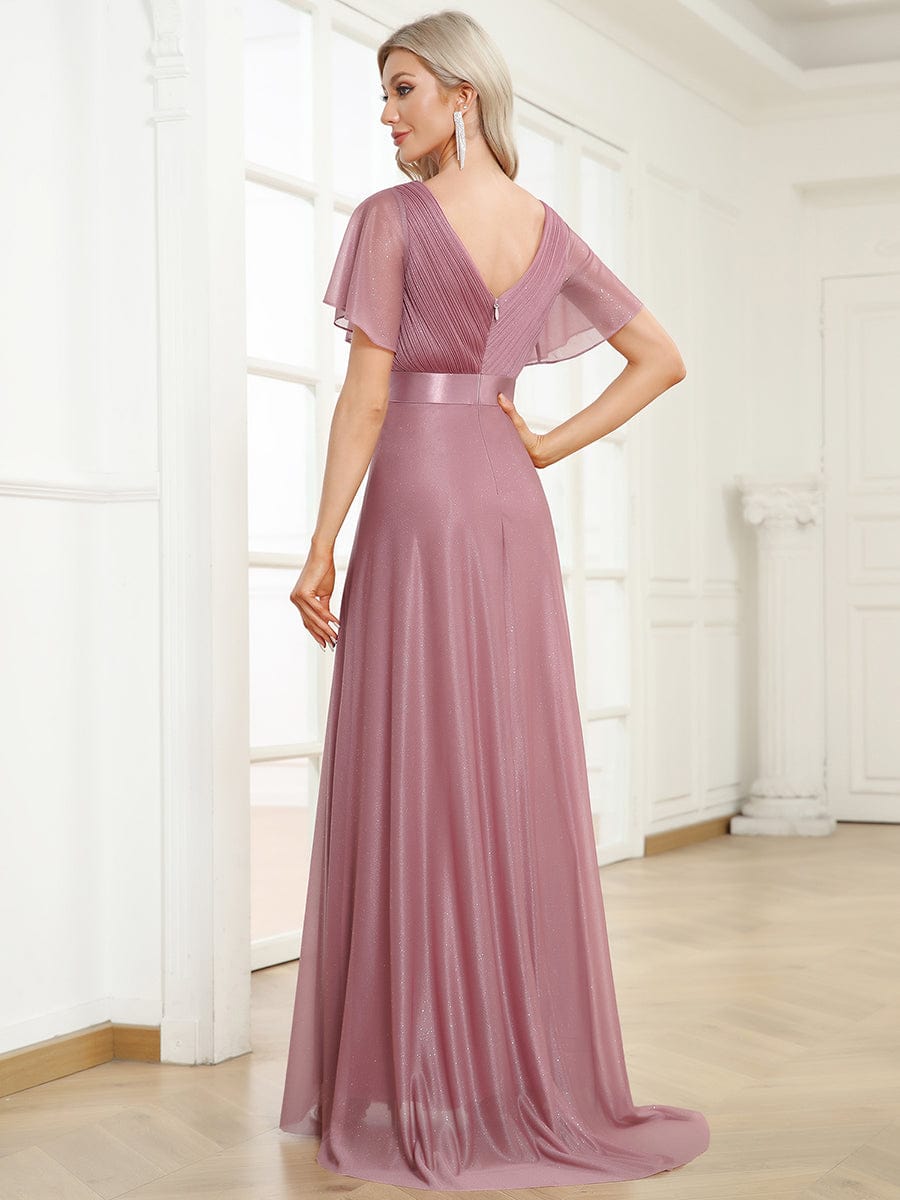 Sparkling Short Sleeve V-Neck Ribbon Waist A-Line Evening Dress #color_Purple Orchid