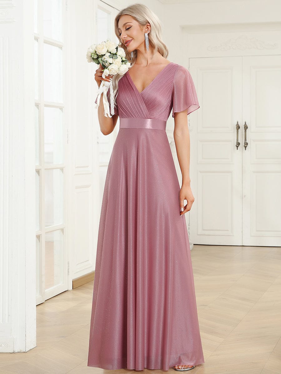 Sparkling Short Sleeve V-Neck Ribbon Waist A-Line Evening Dress #color_Purple Orchid