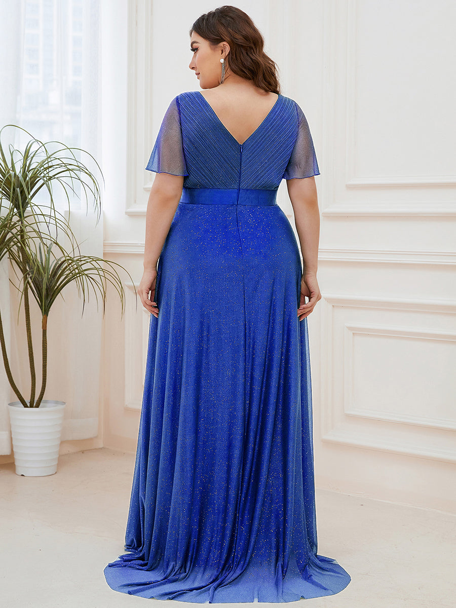 Sparkling Short Sleeve V-Neck Ribbon Waist A-Line Evening Dress #color_Sapphire Blue