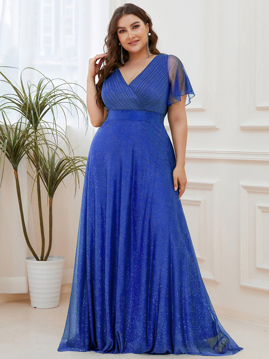 Sparkling Short Sleeve V-Neck Ribbon Waist A-Line Evening Dress #color_Sapphire Blue