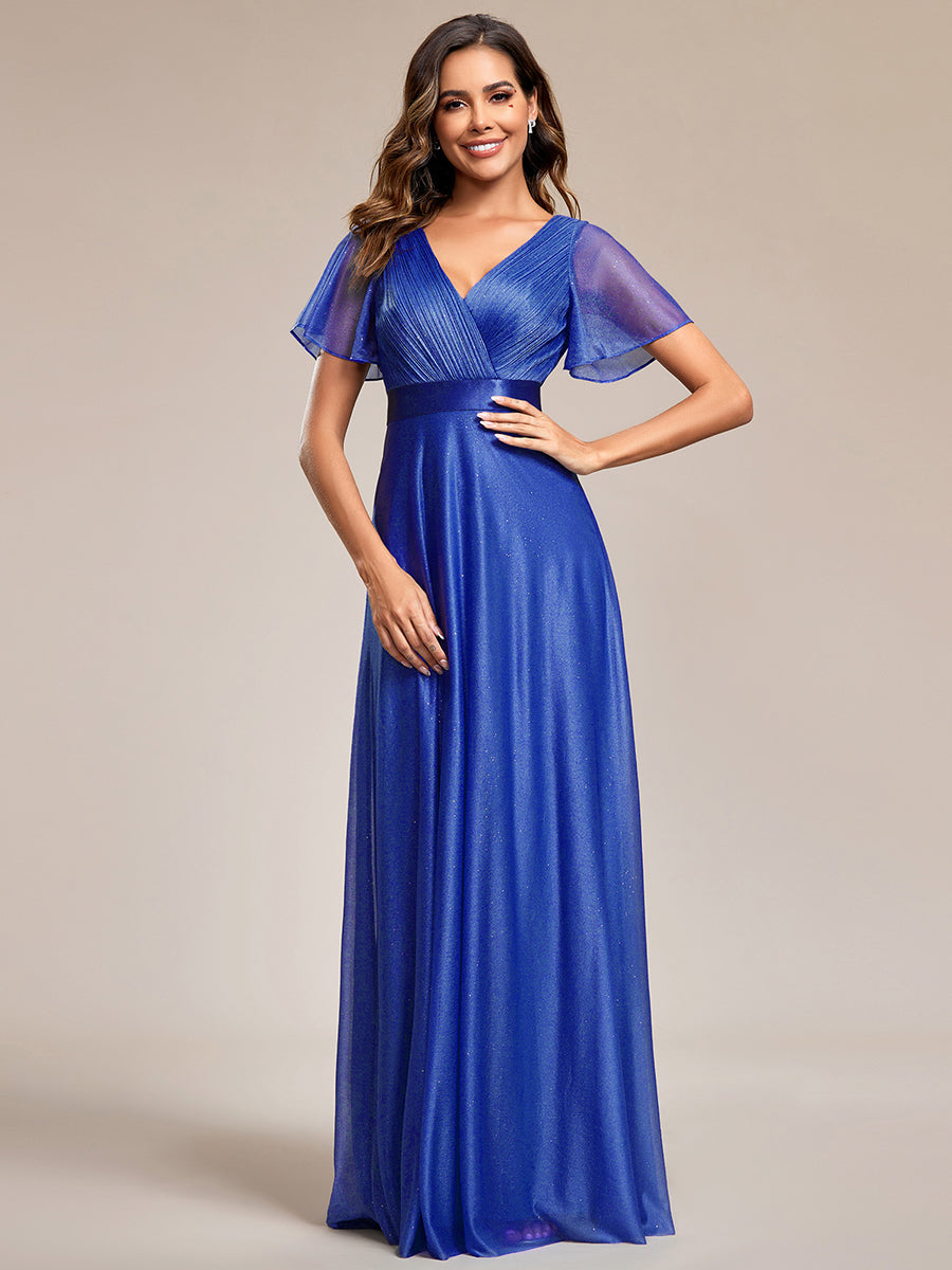 Sparkling Short Sleeve V-Neck Ribbon Waist A-Line Evening Dress #color_Sapphire Blue