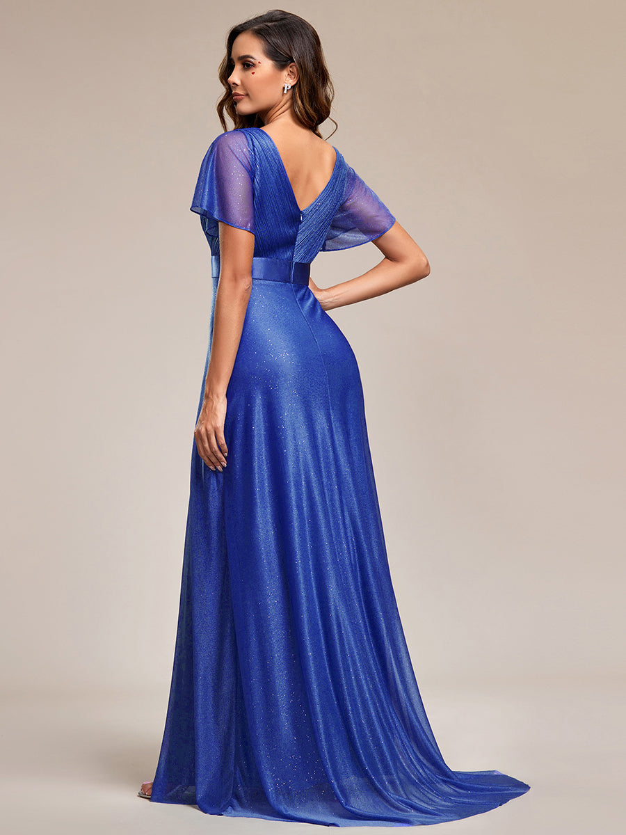 Sparkling Short Sleeve V-Neck Ribbon Waist A-Line Evening Dress #color_Sapphire Blue