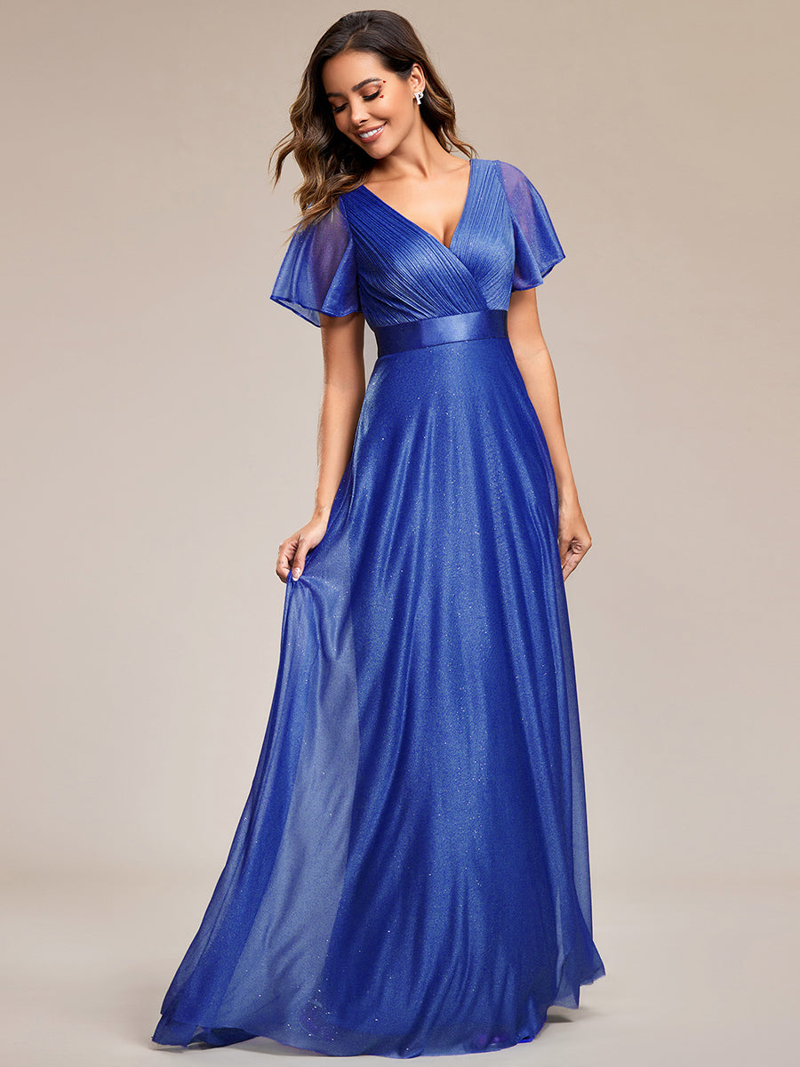 Sparkling Short Sleeve V-Neck Ribbon Waist A-Line Evening Dress #color_Sapphire Blue