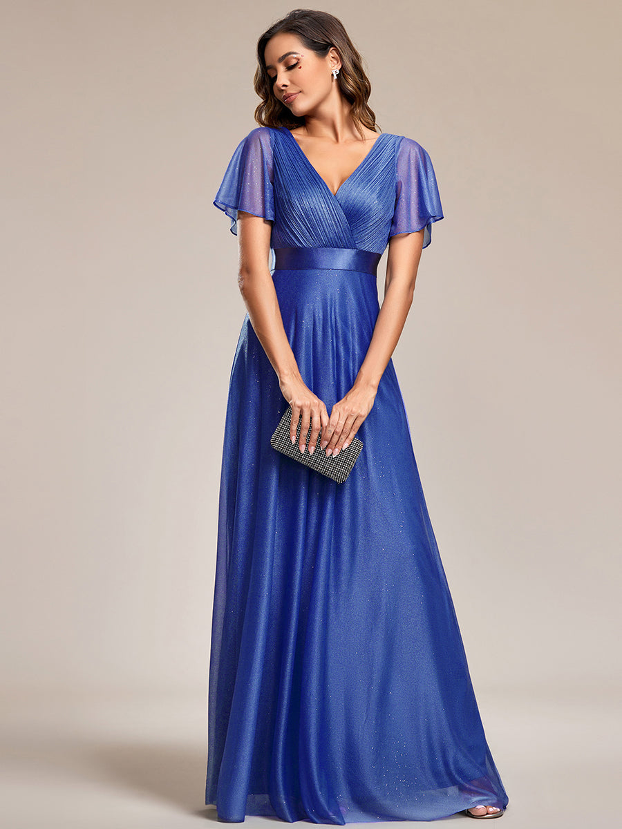 Sparkling Short Sleeve V-Neck Ribbon Waist A-Line Evening Dress #color_Sapphire Blue