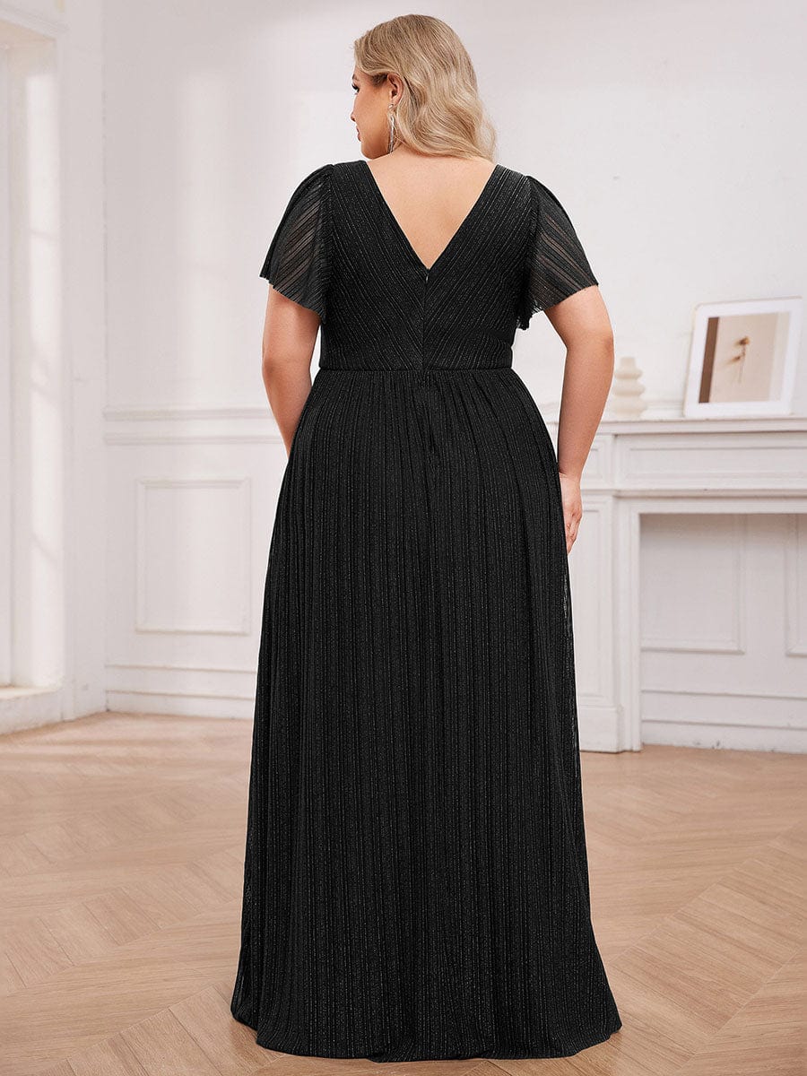 Sparkle See-Through V-Neck Empire Waist Formal Evening Dress with Short Sleeves #color_Black