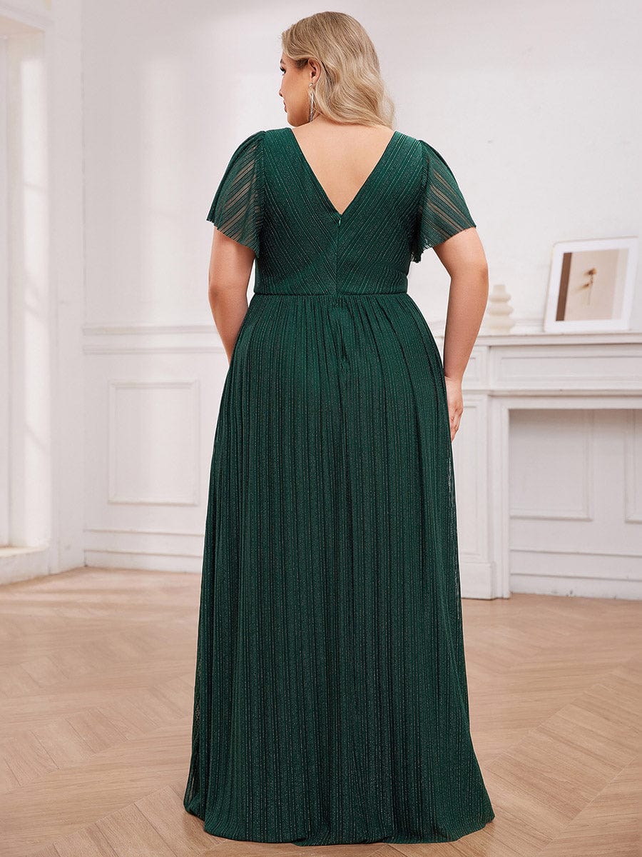 Sparkle See-Through V-Neck Empire Waist Formal Evening Dress with Short Sleeves #color_Dark Green