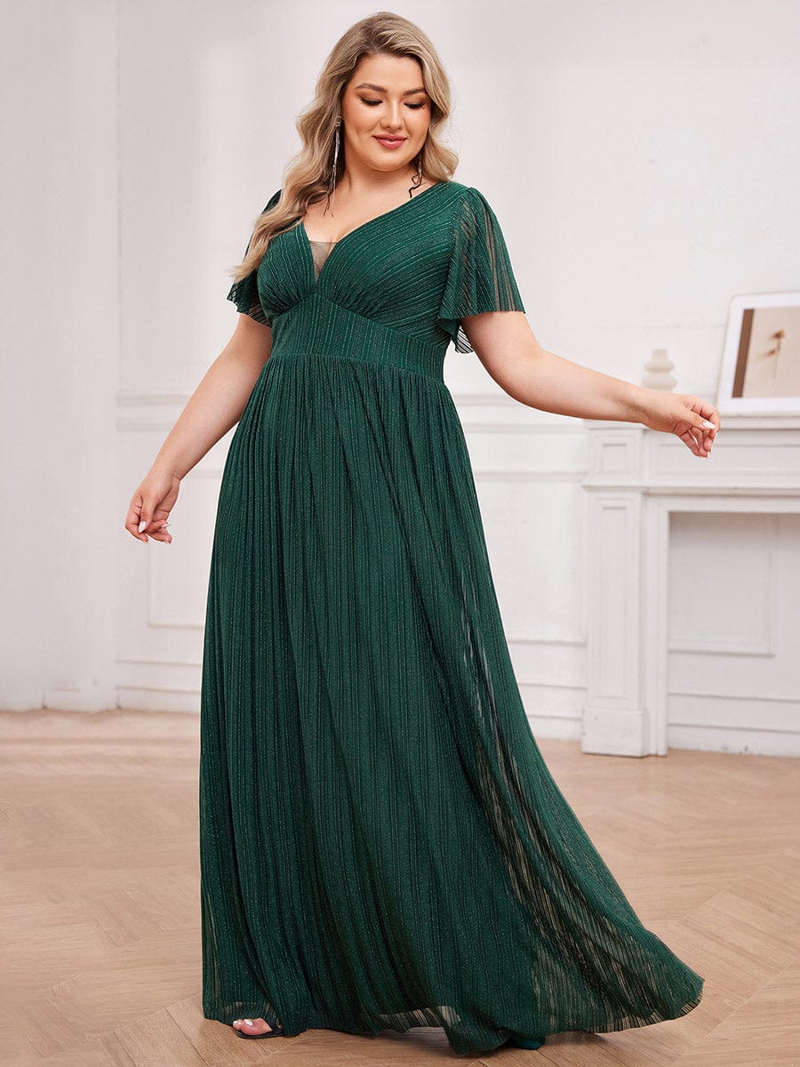 Sparkle See-Through V-Neck Empire Waist Formal Evening Dress with Short Sleeves #color_Dark Green