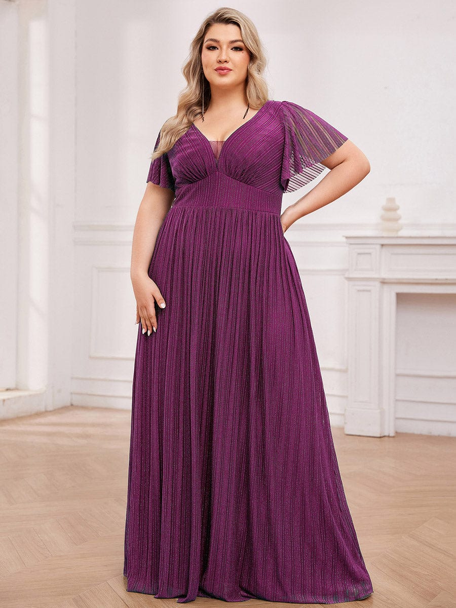 Sparkle See-Through V-Neck Empire Waist Formal Evening Dress with Short Sleeves #color_Purple Wisteria