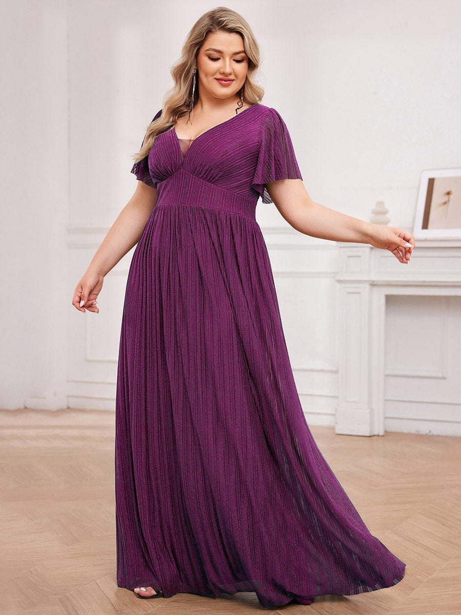 Sparkle See-Through V-Neck Empire Waist Formal Evening Dress with Short Sleeves #color_Purple Wisteria