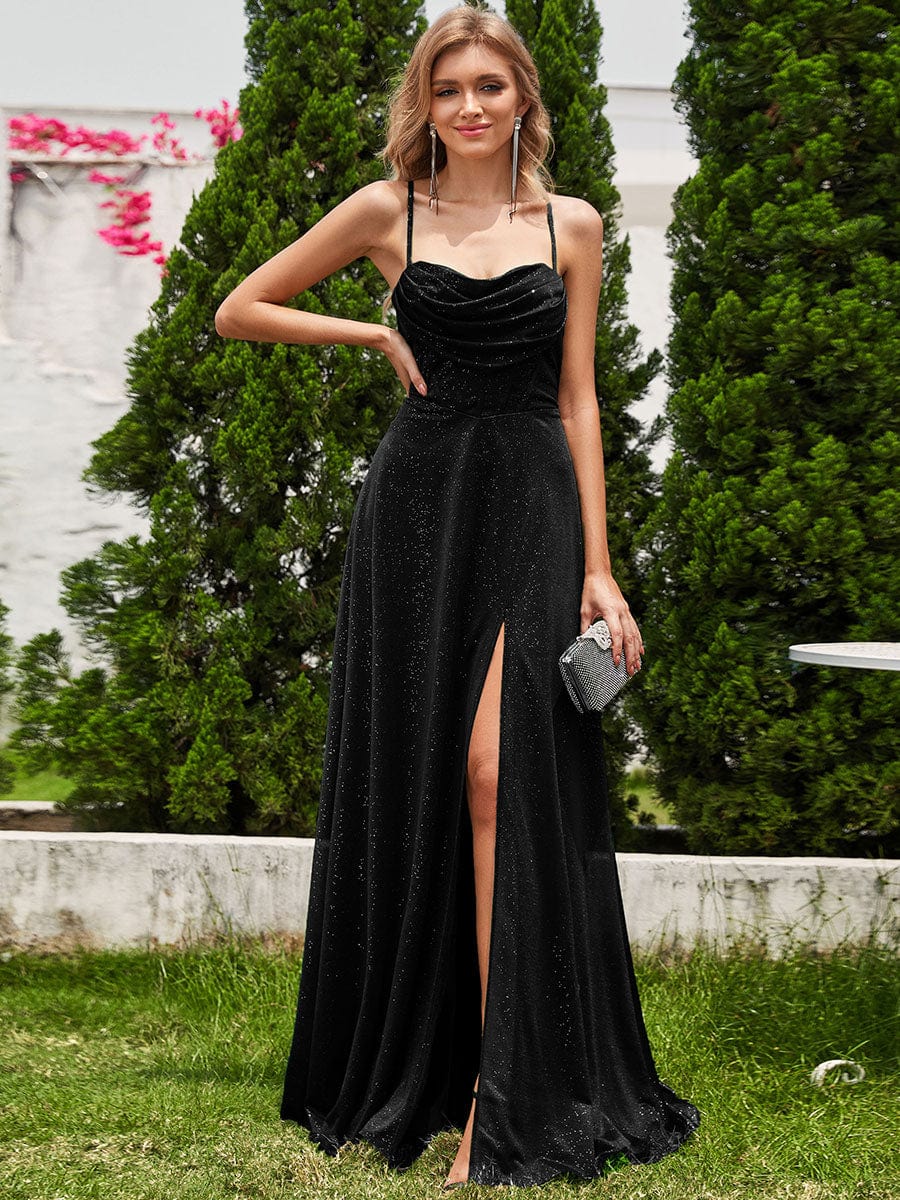 Sparkling Sleeveless Cowl Neck Evening Dress with High Slit #color_Black