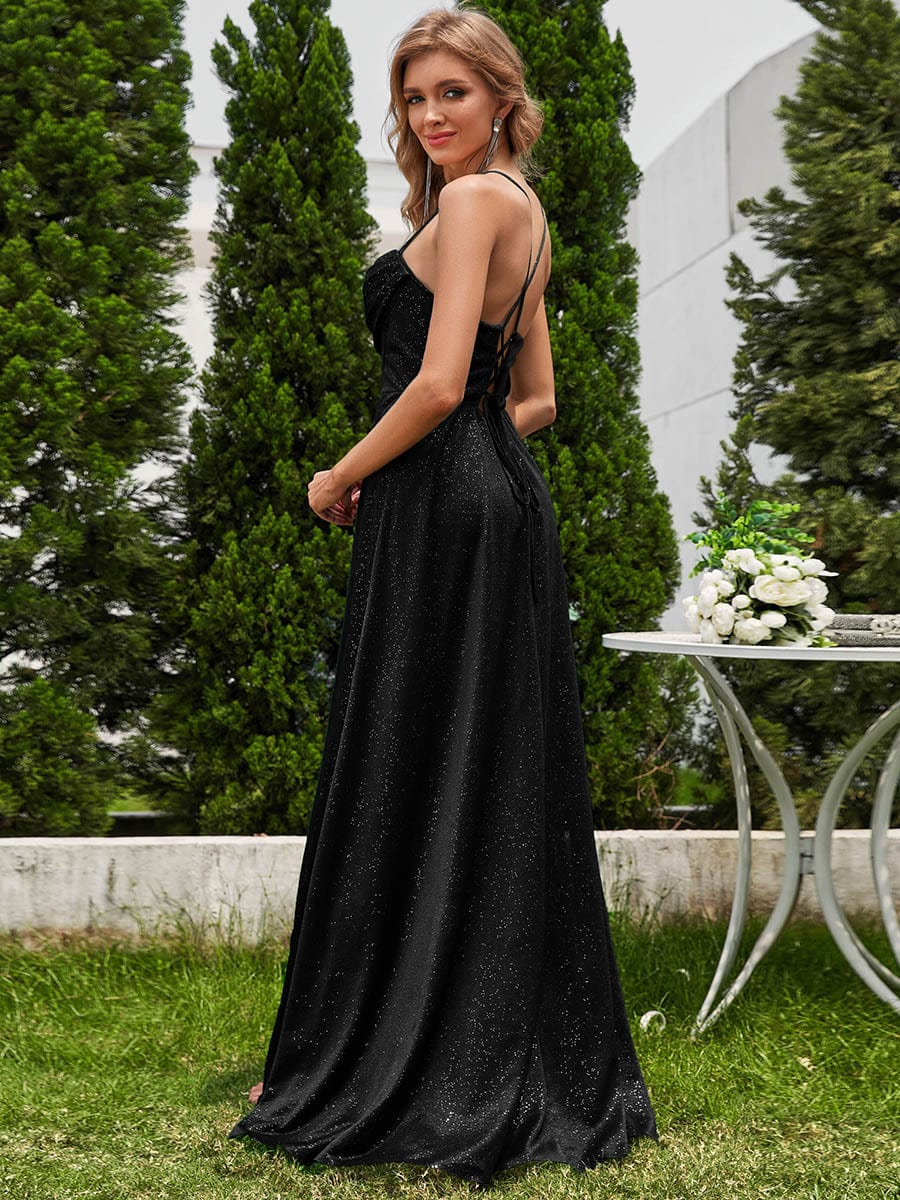 Sparkling Sleeveless Cowl Neck Evening Dress with High Slit #color_Black