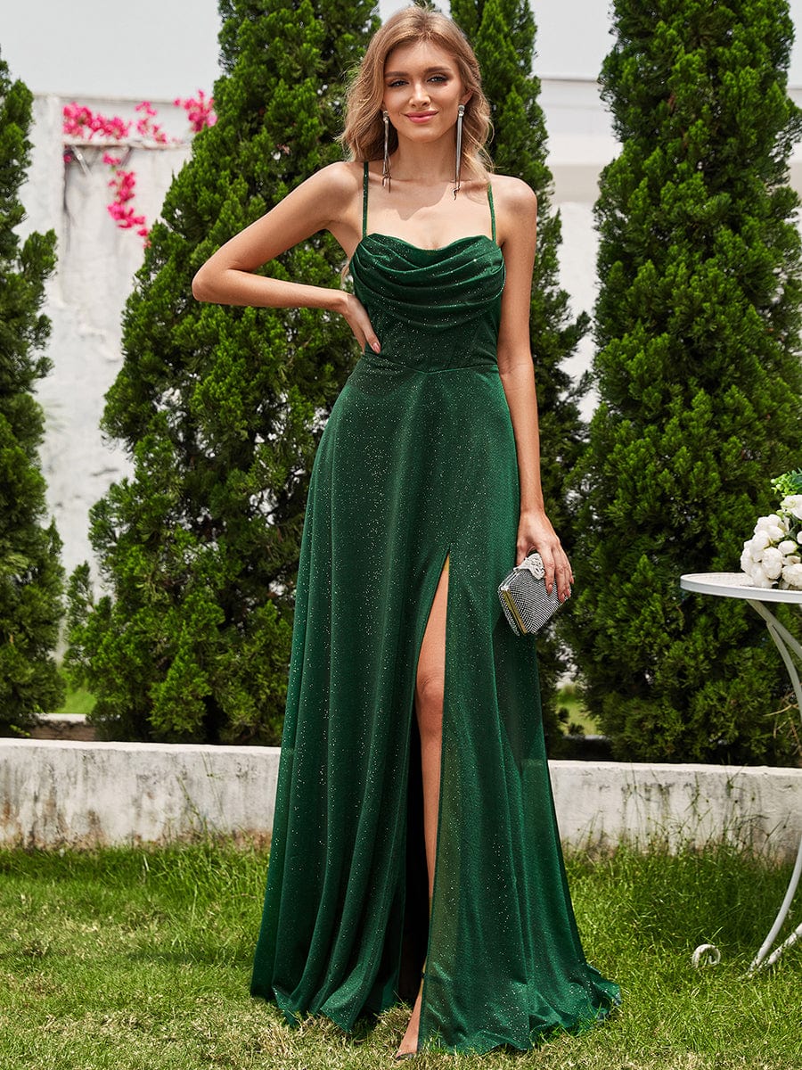 Sparkling Sleeveless Cowl Neck Evening Dress with High Slit #color_Dark Green