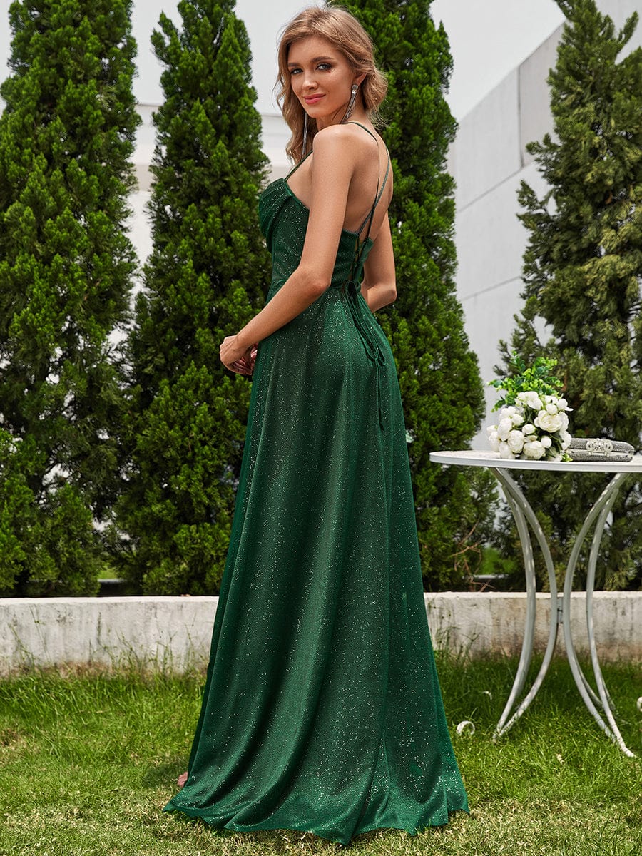 Sparkling Sleeveless Cowl Neck Evening Dress with High Slit #color_Dark Green