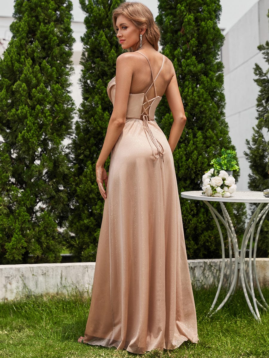 Sparkling Sleeveless Cowl Neck Evening Dress with High Slit #color_Rose Gold