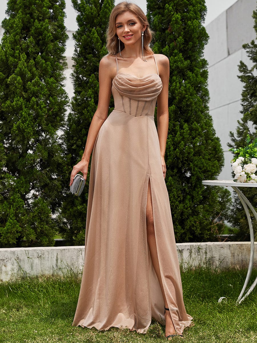 Sparkling Sleeveless Cowl Neck Evening Dress with High Slit #color_Rose Gold