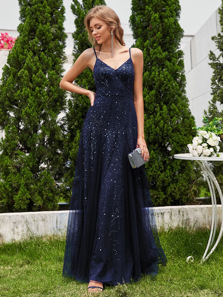 Sequined Tulle High-Waisted A-Line Sleeveless Evening Dress with V-Neck #color_Navy Blue
