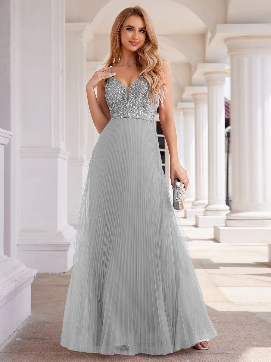 High-Waist V-Neck Sequined Bodice Sleeveless Backless Evening Dress #color_Grey