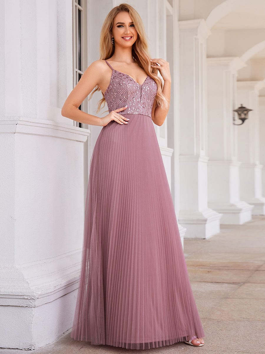 High-Waist V-Neck Sequined Bodice Sleeveless Backless Evening Dress #color_Purple Orchid