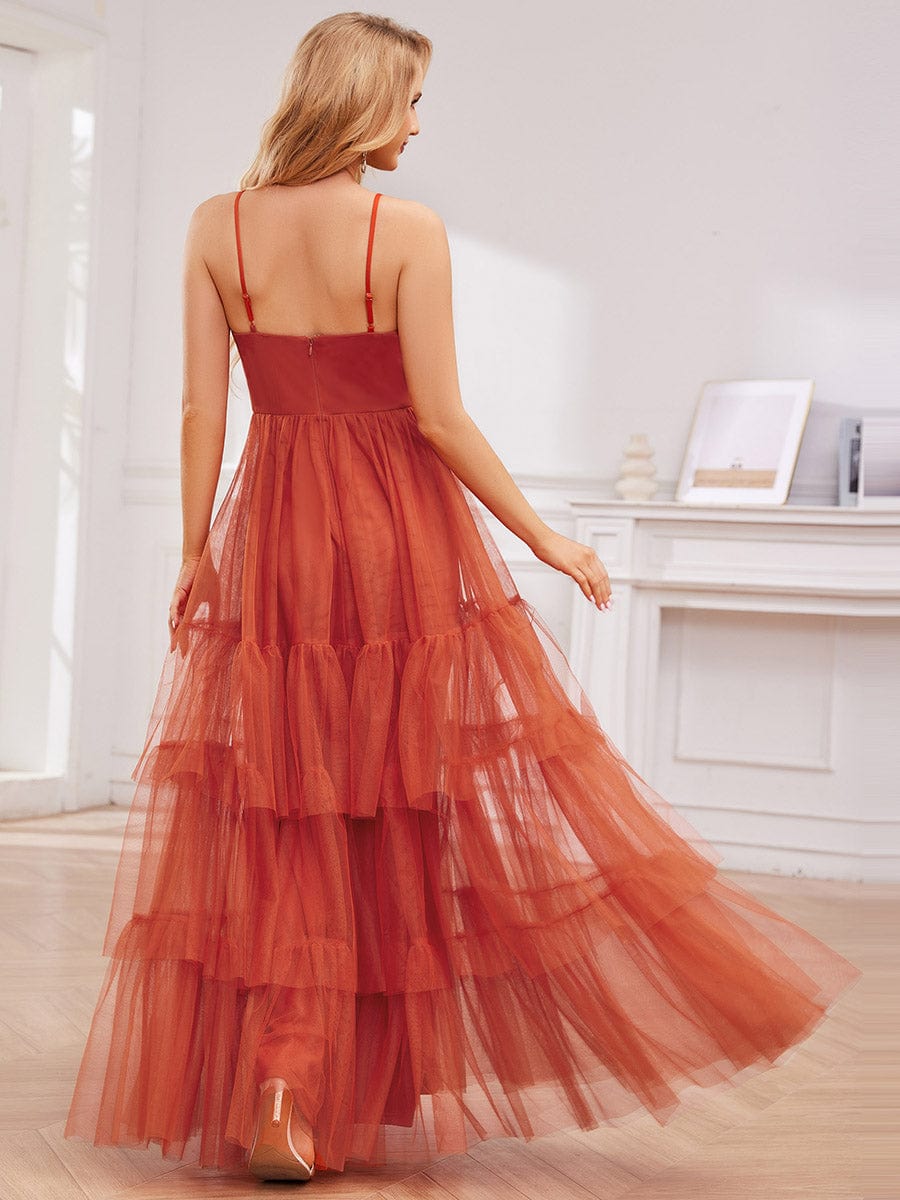 V Neck Tiered Tulle Spaghetti Strap Bridesmaid Dress #color_Burnt Orange