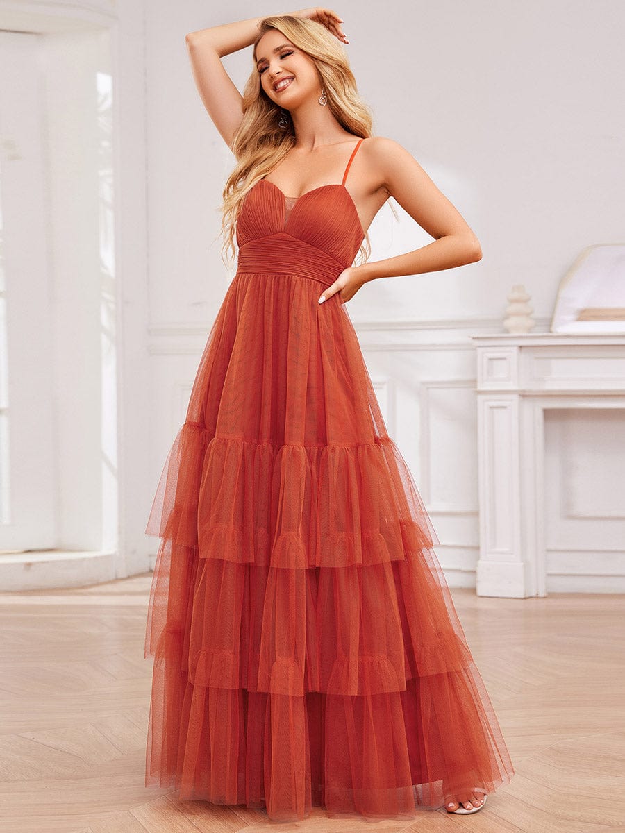 V Neck Tiered Tulle Spaghetti Strap Bridesmaid Dress #color_Burnt Orange