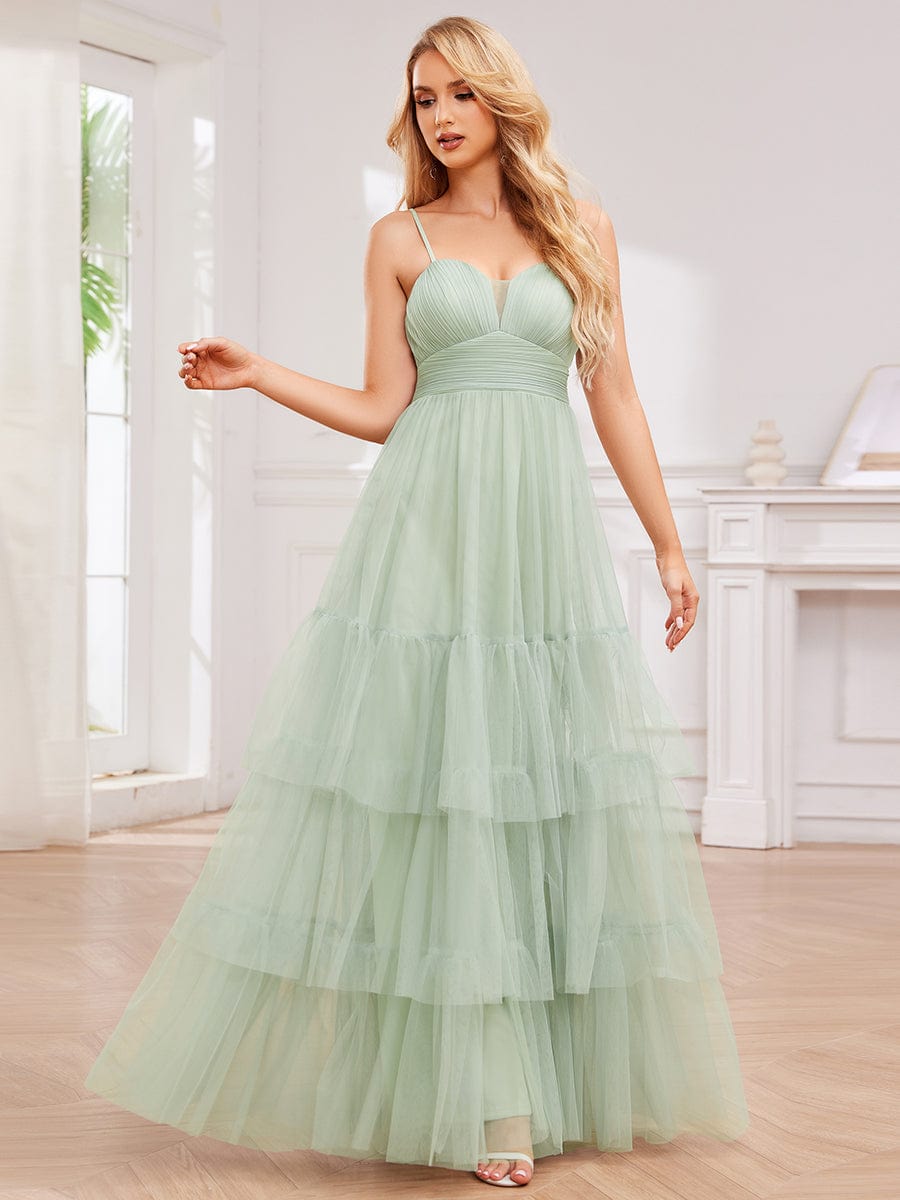 V Neck Tiered Tulle Spaghetti Strap Bridesmaid Dress #color_Mint Green