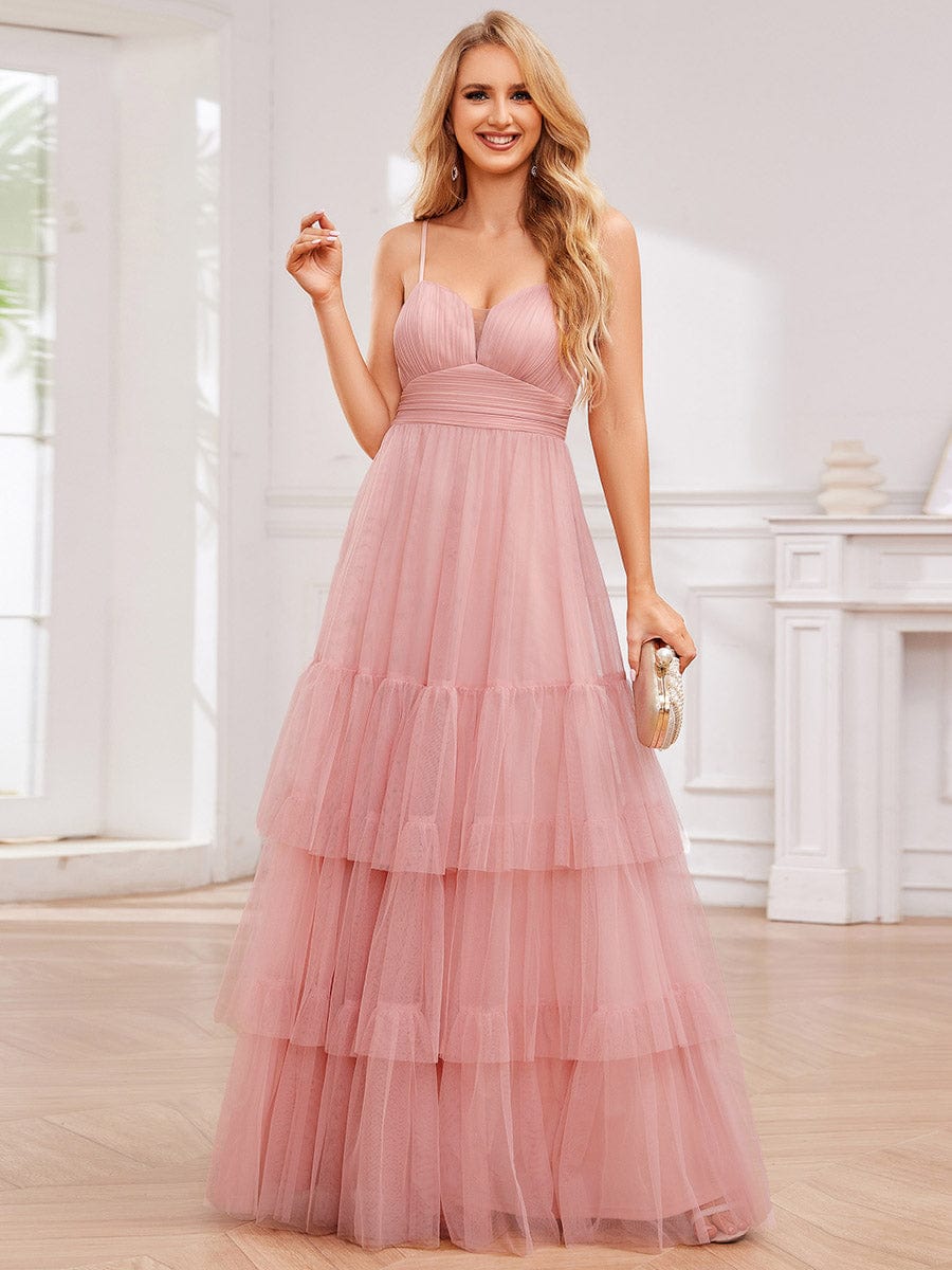 V Neck Tiered Tulle Spaghetti Strap Bridesmaid Dress #color_Pink