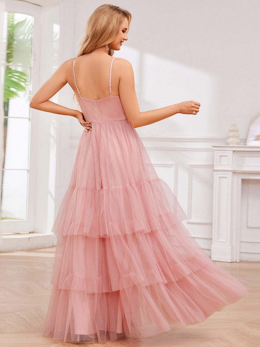 V Neck Tiered Tulle Spaghetti Strap Bridesmaid Dress #color_Pink