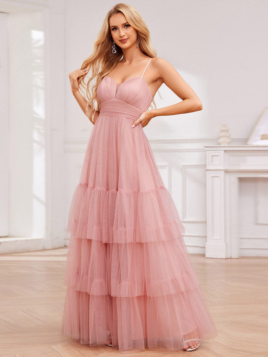 V Neck Tiered Tulle Spaghetti Strap Bridesmaid Dress #color_Pink