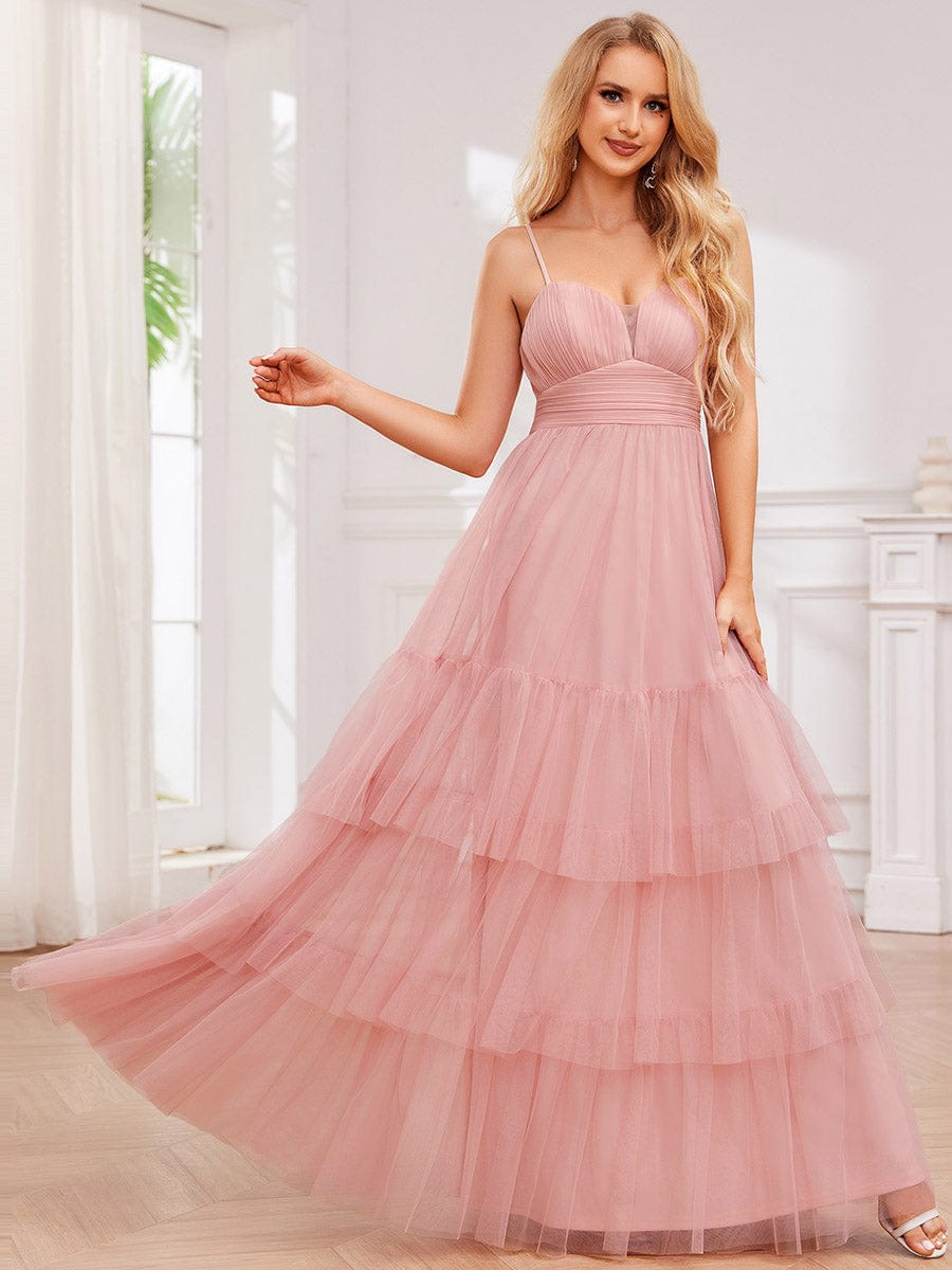 V Neck Tiered Tulle Spaghetti Strap Bridesmaid Dress #color_Pink