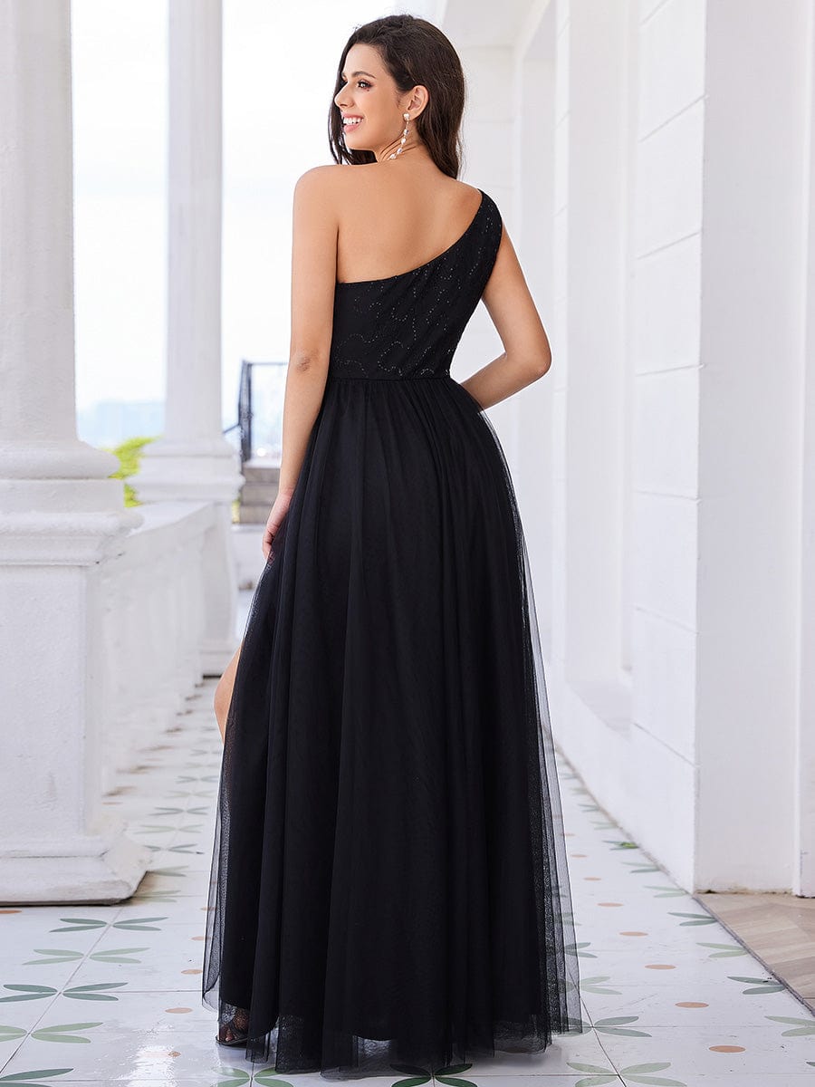 One-Shoulder Embellished Tulle Formal Evening Dress #color_Black