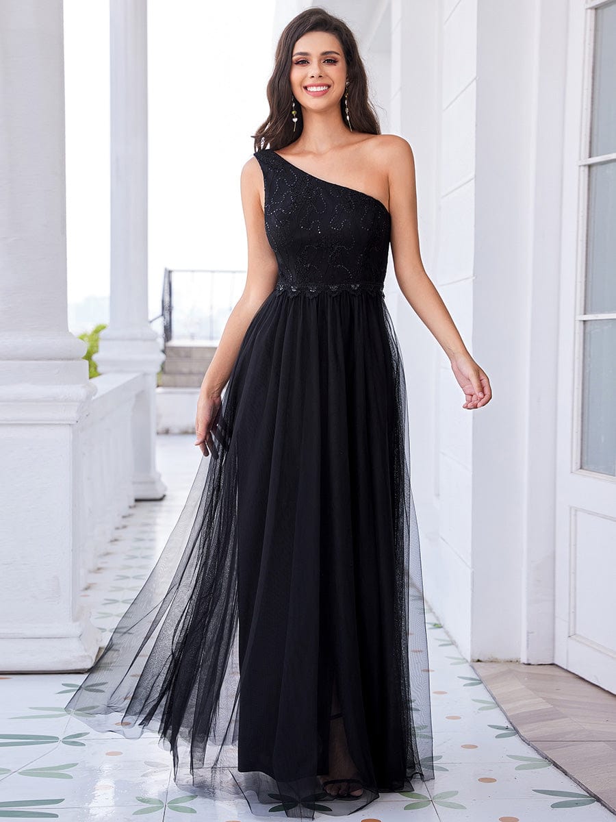 One-Shoulder Embellished Tulle Formal Evening Dress #color_Black