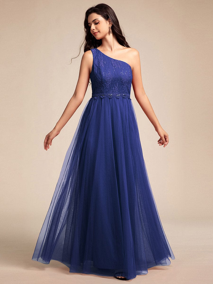 One-Shoulder Embellished Tulle Formal Evening Dress #color_Sapphire Blue