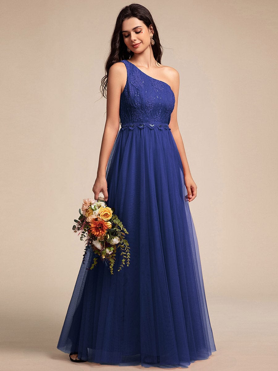 One-Shoulder Embellished Tulle Formal Evening Dress #color_Sapphire Blue