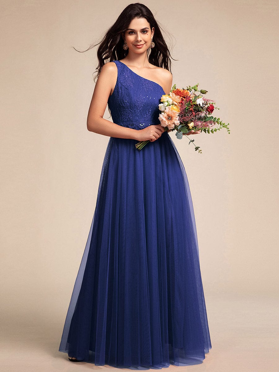 One-Shoulder Embellished Tulle Formal Evening Dress #color_Sapphire Blue