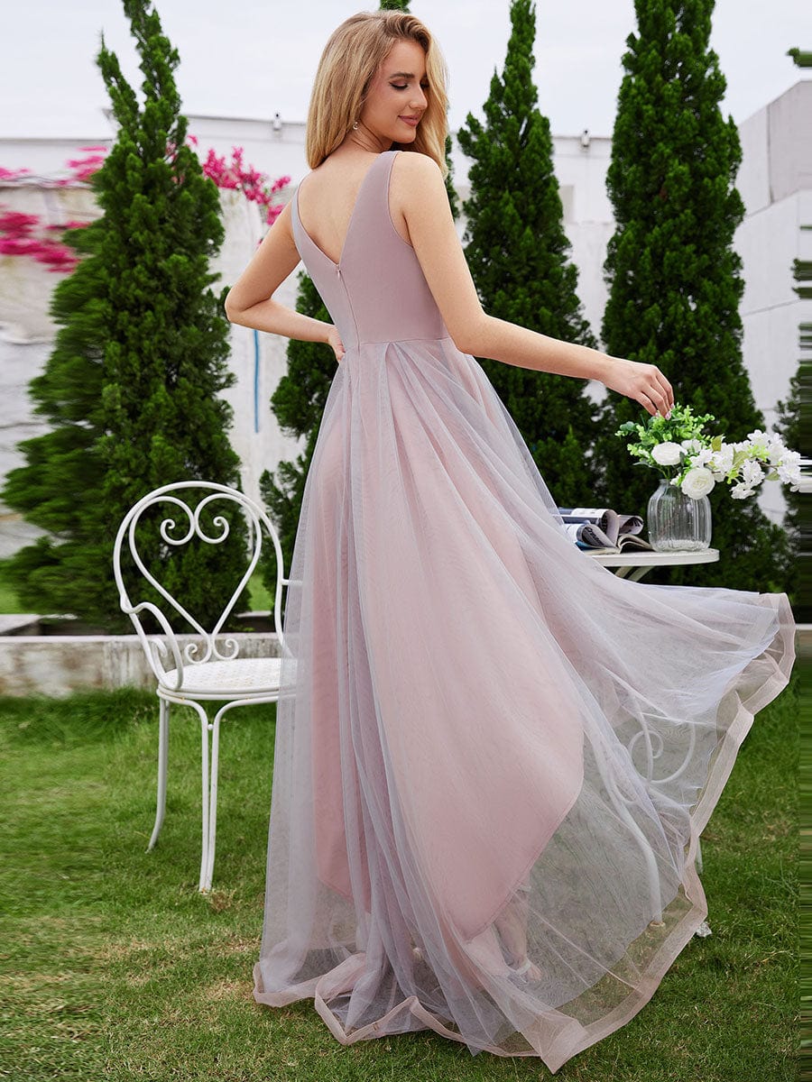 Elegant Sleeveless V-Neck High-Low Tulle Evening Dress with Embroidered Appliques #color_Pink