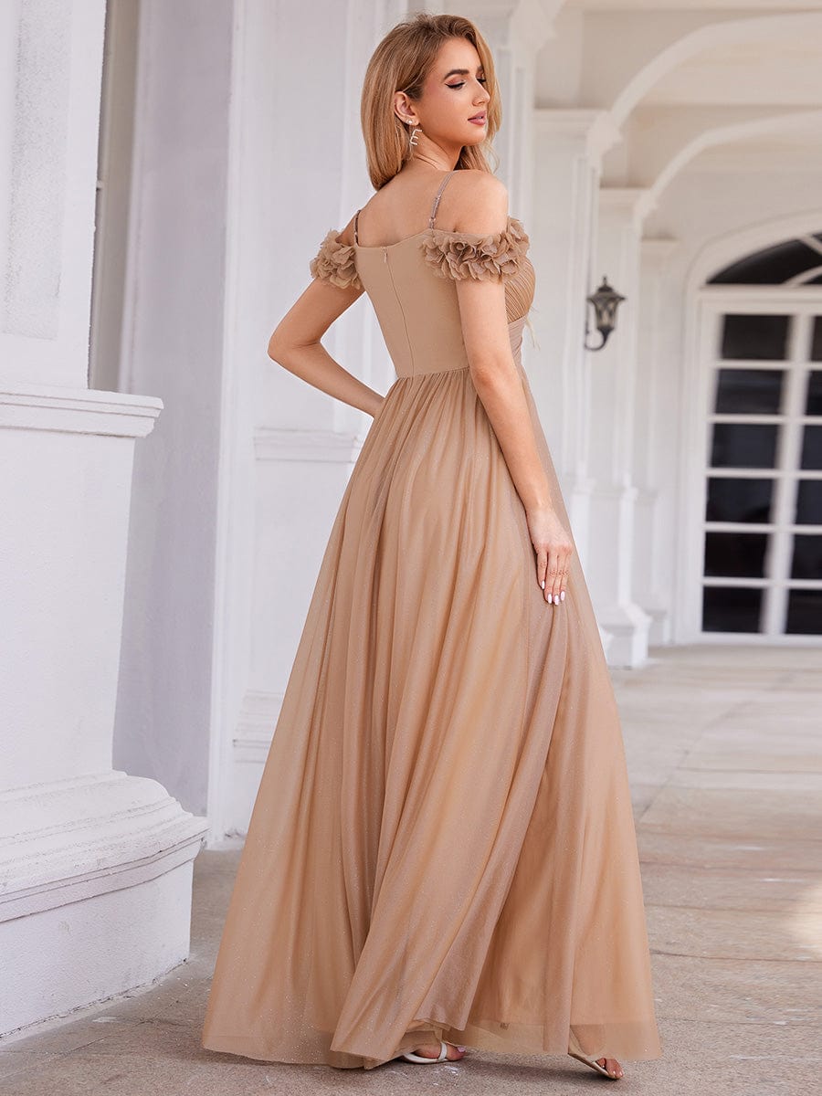 Sparkling V-Neck Floral Cold-Shoulder Evening Dress with Pleated #color_Rose Gold