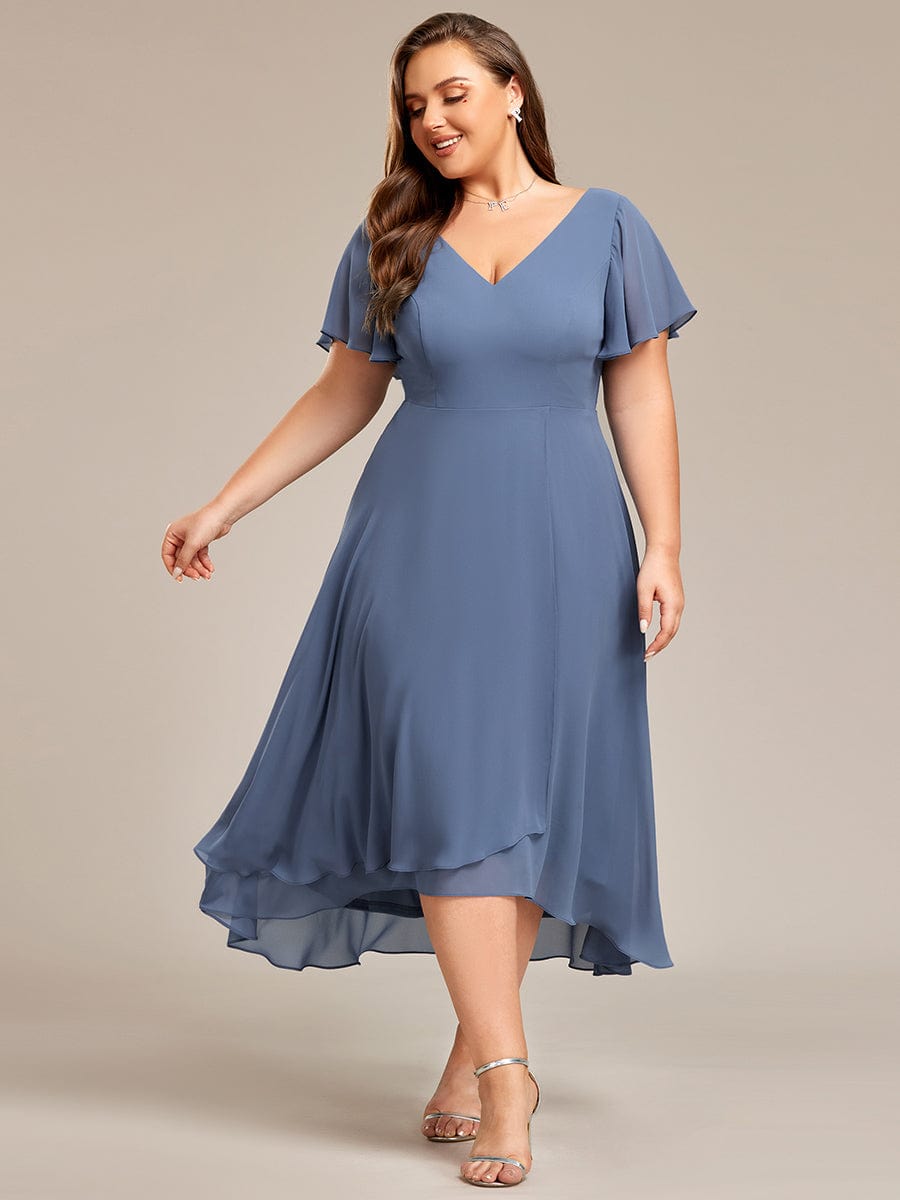 Plus Size Flowing Chiffon V-Neck Ruffle Sleeves Bridesmaid Dress  #color_Dusty Blue