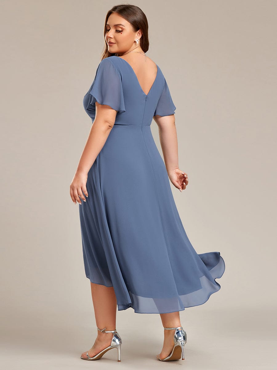 Plus Size Flowing Chiffon V-Neck Ruffle Sleeves Bridesmaid Dress  #color_Dusty Blue