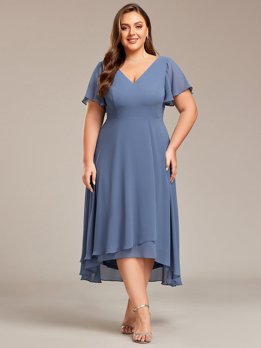 Flowing Chiffon V-Neck Ruffle Sleeves Bridesmaid Dress  #color_Dusty Navy