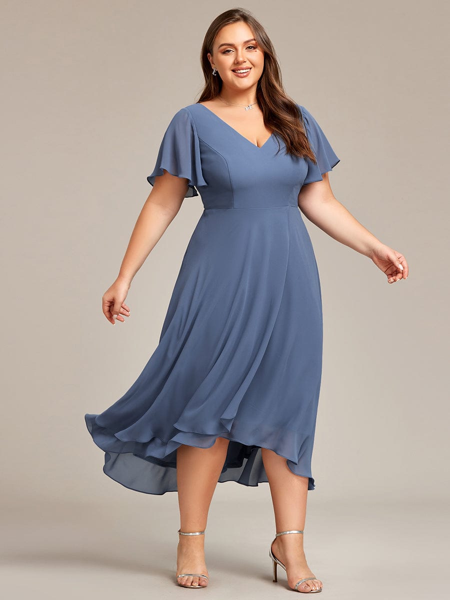 Plus Size Flowing Chiffon V-Neck Ruffle Sleeves Bridesmaid Dress  #color_Dusty Blue