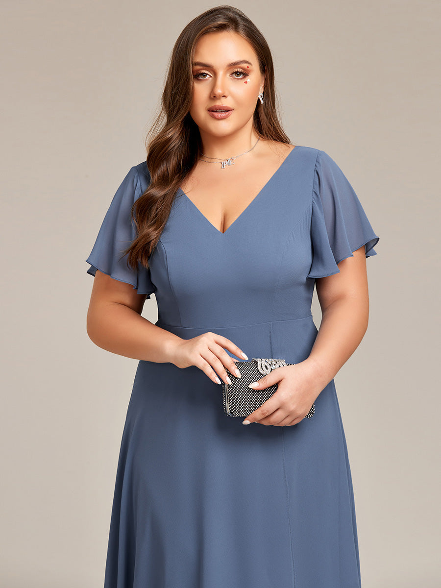 Flowing Chiffon V-Neck Ruffle Sleeves Bridesmaid Dress  #color_Dusty Navy