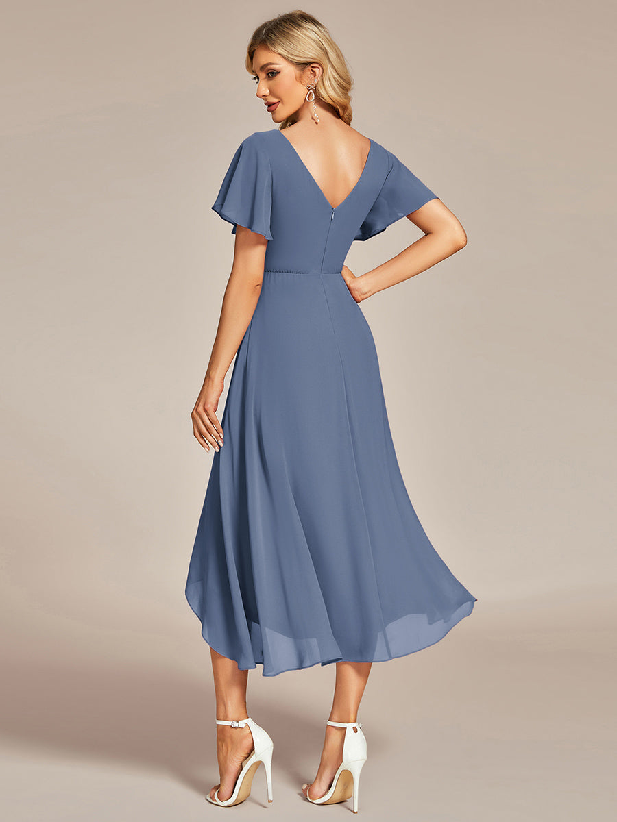 Flowing Chiffon V-Neck Ruffle Sleeves Bridesmaid Dress  #color_Dusty Blue