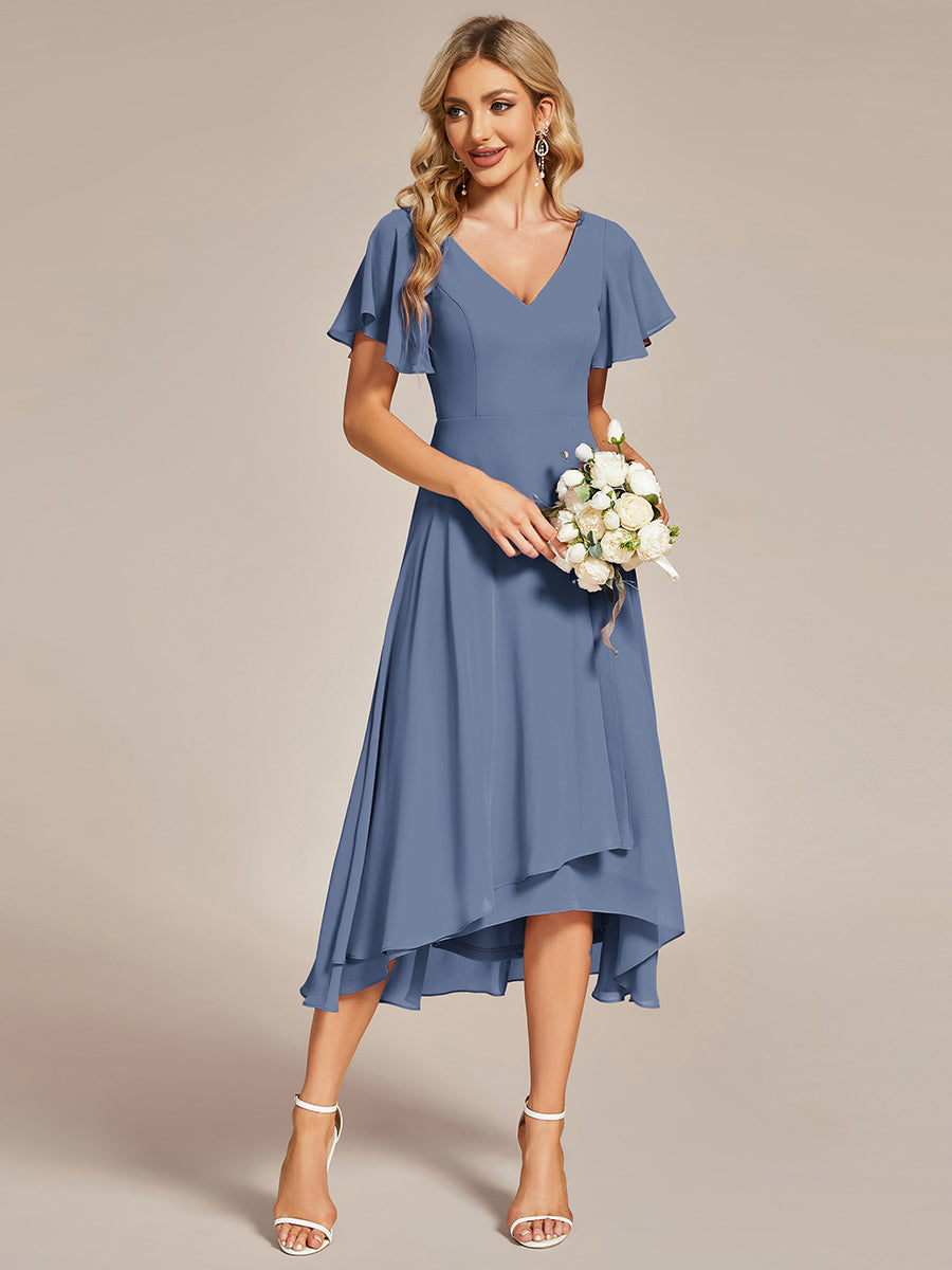 Flowing Chiffon V-Neck Ruffle Sleeves Bridesmaid Dress  #color_Dusty Blue